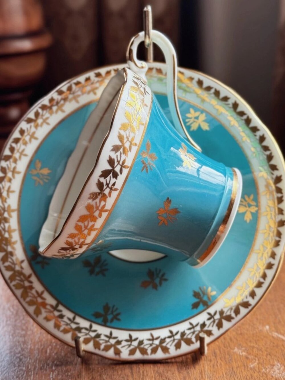 Aynsley Turquoise Gold Teacup Saucer Vintage